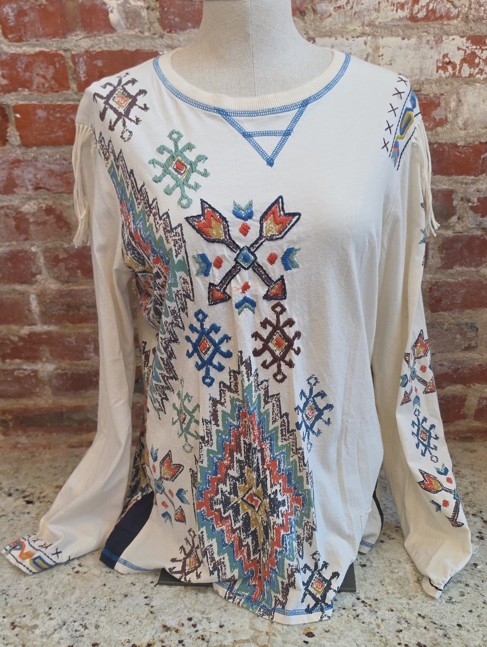 Double D Ranch Cream Boho Embroidered Long Sleeve Top - 1816